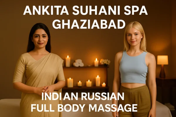Luxury spa banner of Ankita Suhani Wellness Spa in Indirapuram Ghaziabad showing Indian and Russian therapists, premium spa interior, candles and flowers.