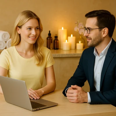 Portable mobile spa massage setup in a hotel room with premium towels and oils