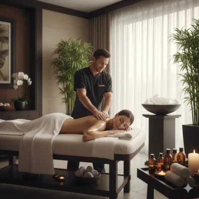 Ankita Suhani Group male therapist performing professional back massage on a female client in a luxurious hotel room, highlighting 24/7 outcall massage service in Delhi NCR for both men and women.