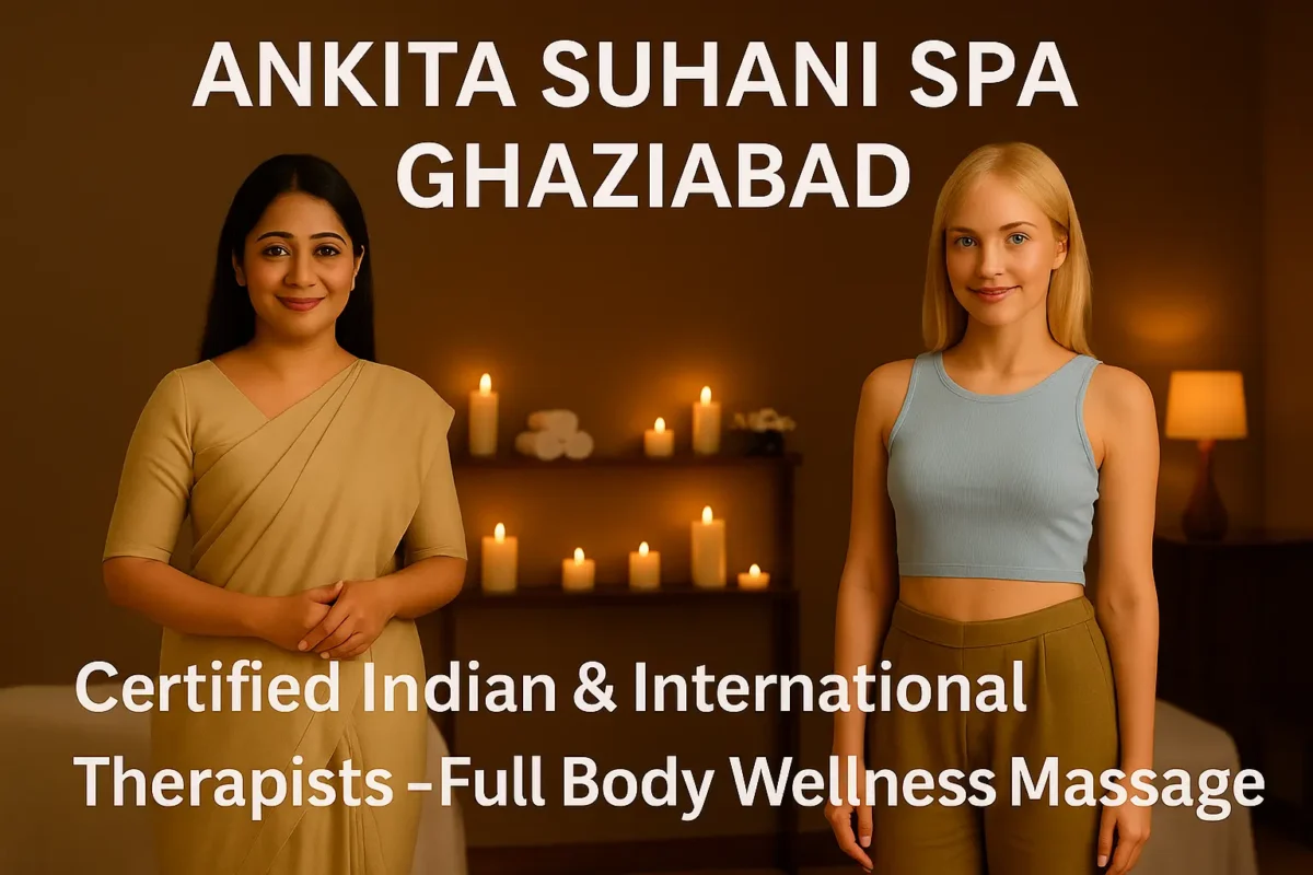 Two certified Indian and international female massage therapists standing in a calm spa room at Ankita Suhani Spa Ghaziabad for full body wellness massage.