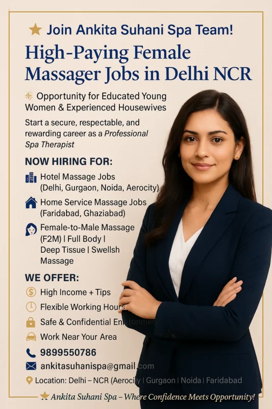 “Female Spa Therapist Recruitment Poster – Ankita Suhani Spa Delhi NCR | High Paying Female Massage Job in Aerocity, Delhi”