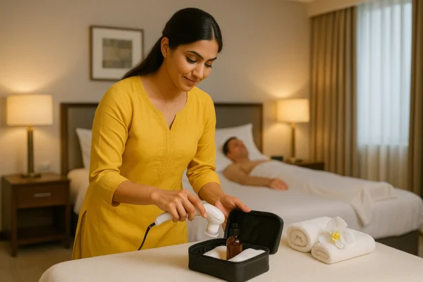 Indian massage therapist with professional massage kit providing hotel massage service in Delhi NCR