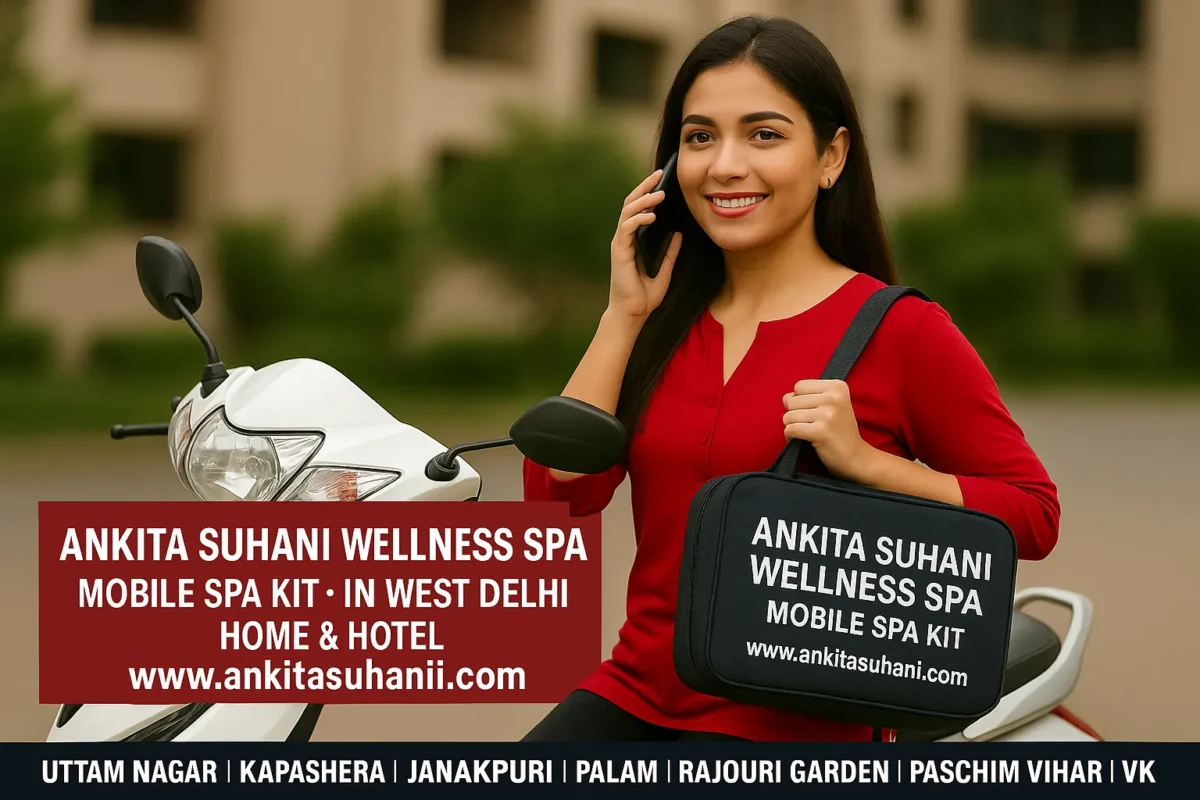 Punjabi girl sitting on a white scooter holding a mobile spa kit for Ankita Suhani Wellness Spa serving West Delhi areas like Uttam Nagar, Kapashera, Janakpuri, Palam, Rajouri Garden, Paschim Vihar, Dwarka, Meera Bagh and Vikaspuri.