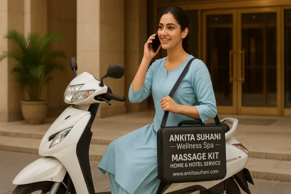 Indian female mobile spa therapist riding a scooter with a professional massage kit in Delhi for hotel and home massage service