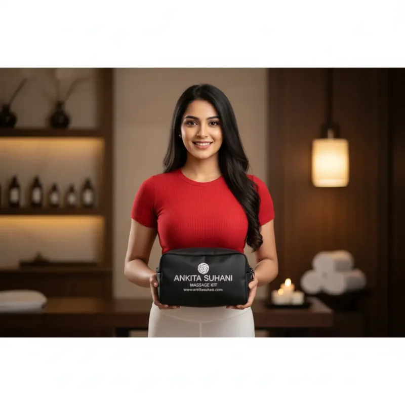 Reshma, Ankita Suhani's trusted Massage Therapist, in a red fitted top and white shorts, holding the "Ankita Suhani Massage Kit", against a luxury spa background, promoting 24-hour Delhi NCR Home Hotel Massage.
