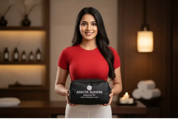 Reshma, Ankita Suhani's trusted Massage Therapist, in a red fitted top and white shorts, holding the "Ankita Suhani Massage Kit", against a luxury spa background, promoting 24-hour Delhi NCR Home Hotel Massage.