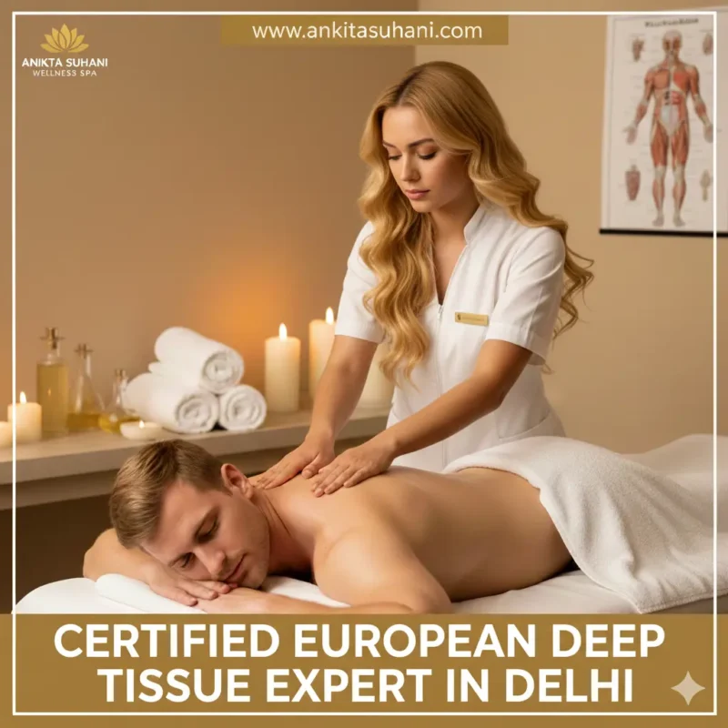Certified female European Deep Tissue expert delivering professional therapy to a male client, focusing on precision and technique for pain relief.