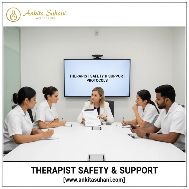 Image showing Ankita Suhani management discussing safety protocol and support systems with certified mobile therapists in a professional setting.