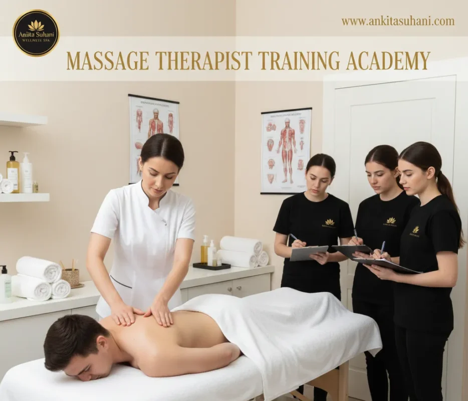 Wide banner of Ankita Suhani Massage Therapist Training Academy showing instructor demonstrating techniques to observing male and female students.
