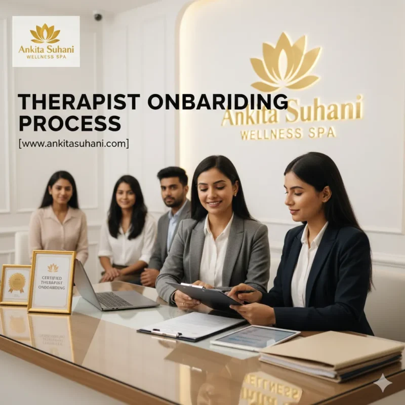 Professional image showing Ankita Suhani management conducting a strict therapist onboarding interview and document verification process.