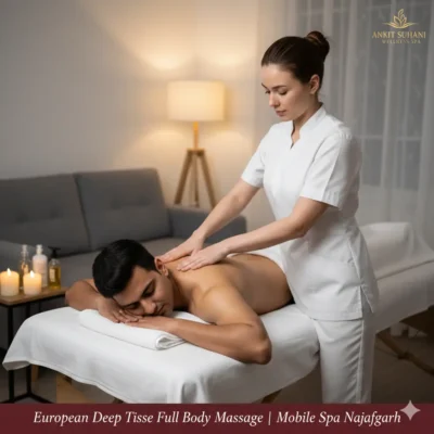 Professional foreign therapist providing deep tissue full body massage service in a mobile spa setup, Najafgarh. Text: Eropian Deep Tisu Full Body Massage Mobile Spa Najafgarh.